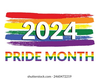 HAPPY PRIDE MONTH 2024, Pride Month respecting and supporting the diversity of LGBTQ genders in Pride Month. Designer sign, logo, icon, colorful rainbow on white background.