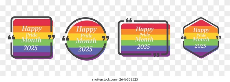 Happy pride month 2025 quotes box icon set. with rainbow color on transprerant background for festival parades, parties ,social for celebrations of pride month around the world. vector illustration.