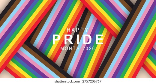 Happy Pride Month 2026 Background with Colorful bow and Bright Pride Month Geometric. set of Gay and LGBT banner, poster, card wallpaper design for Gay Pride Month.