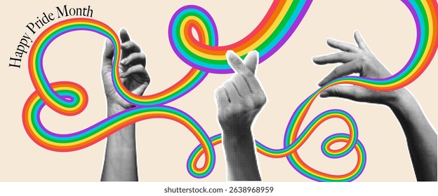Happy Pride Month background. 2025 Gay Pride Month festival vector banner. Collage cut out paper elements halftone hands holding wavy pride flag in heart shape for LGBT events invitation