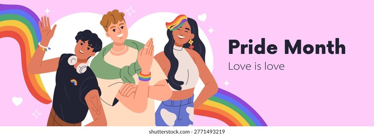 Happy Pride Month background with homosexual, transgender people. Horizontal LGBTQ banner design with LGBT parade celebration, lesbian and gay men and women, rainbow flag. Flat vector illustration.
