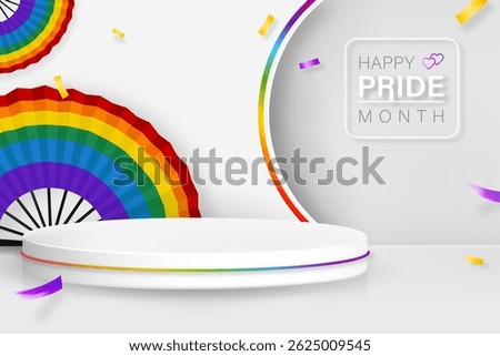 Happy pride month background with stage podium for products display and vivid rainbow folding fan decoration, vector illustration  