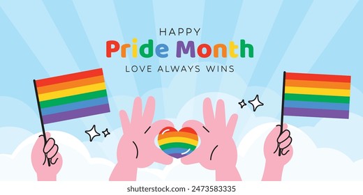 Happy Pride month background vector. LGBTQ community symbols with heart shaped hand, pride flag. Design for celebration against violence, bisexual, transgender, gender equality, rights concept.