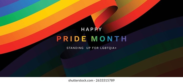 Vector de fondo del mes del orgullo feliz. Símbolo de la comunidad LGBTQ con arco iris, bandera del orgullo, corazón. Diseño para celebración, bisexual, transgénero, cartel de fiesta, derechos, anuncios.