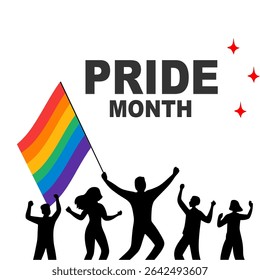 Happy Pride month background vector. LGBT community symbol with silhouettes of people of different races carrying rainbow flags. Best for poster, banner and social media.