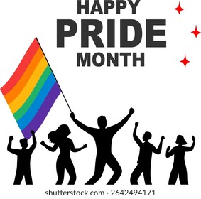 Happy Pride month background vector. LGBT community symbol with silhouettes of people of different races carrying rainbow flags. Best for poster, banner and social media.