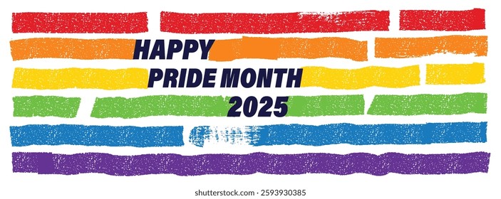 Happy Pride Month Banner. Pride Month 2025. Lgbt Flag Against Homosexual Discrimination. Grunge Texture With Brush Stroke Pattern, Rainbow Color, Banner. Colored Stripes. Vector Illustration.