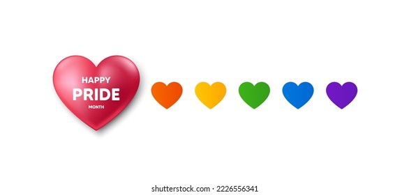 Happy pride month banner with 3d heart. Pride day love poster, flyer, invitation party card template. Hearts in lgbt flag colors. Diversity horizontal background. Vector