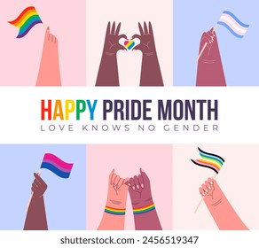 Happy Pride Month Banner, Background. People Holding LGBT Flags Celebrating Diversity and Equality During Pride Month. Vector Illustration.