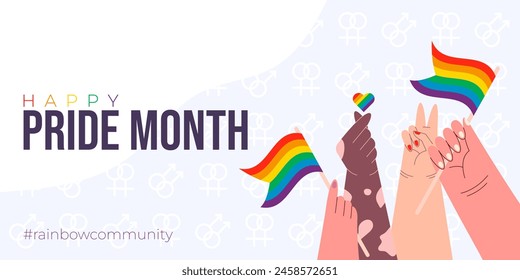 Happy Pride Month Banner. Celebrating Diversity and Love With Rainbow Flags in Hand. Multiracial LGBTQ People Vector Illustration.	