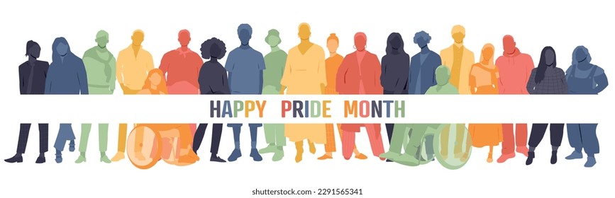 Happy Pride Month banner. Different people stand side by side together.