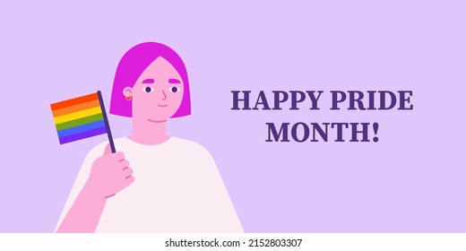 Happy pride month banner. Female holding rainbow flag. Vector illustration