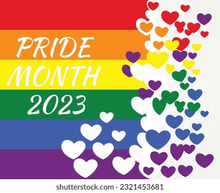 Cartel del Mes del Orgullo Feliz. Cartel del Orgullo con fondo de bandera. Cartel vectorial del mes del orgullo 2023
