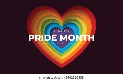 Happy Pride Month Banner and Greeting Card. Colorful Rainbow Heart Flag and Pride Month Celebration Vector Illustration