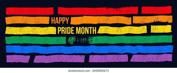 Happy Pride Month Banner. Grunge-Textur mit Pinselstrich-Muster, Regenbogenfarbe, Banner. Regenbogenfarbener Hintergrund. Farben der LGBT-Community. Farbige Streifen. Vektorillustration.