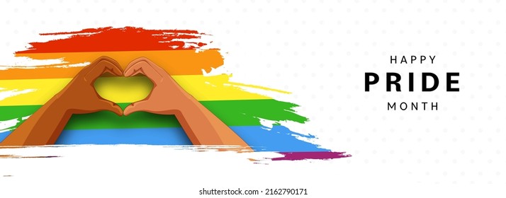Feliz Mes Del Orgullo Banner O Diseño De Cabecera Con Pareja Gay Formando Una Forma Cardíaca Y Efecto De Accionamiento Del Cepillo Arcoiris Sobre El Fondo Blanco Dotado.