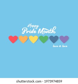 Happy pride month banner with heart and pride color flag isolated on blue background. Vector Pride month or pride day poster, flyer, invitation party card design template.
