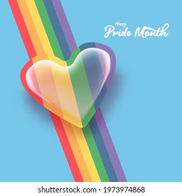 Happy pride month banner with heart and pride color flag isolated on blue background. Vector Pride month or pride day poster, flyer, invitation party card design template.