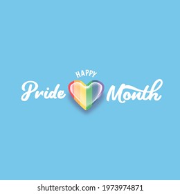 Happy pride month banner with heart and pride color flag isolated on blue background. Vector Pride month or pride day poster, flyer, invitation party card design template.