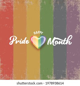 Happy pride month banner with heart and pride color flag isolated on rainbow lgbt flag background. Vector Pride month or pride day poster, flyer, invitation party card design template.