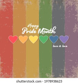 Happy pride month banner with heart and pride color flag isolated on rainbow lgbt flag background. Vector Pride month or pride day poster, flyer, invitation party card design template.