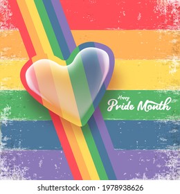 Happy pride month banner with heart and pride color flag isolated on rainbow lgbt flag background. Vector Pride month or pride day poster, flyer, invitation party card design template.