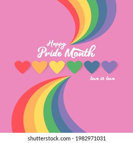Happy pride month banner with heart and pride color flag isolated on pink  background. Vector Pride month or pride day poster, flyer, invitation party card design template.