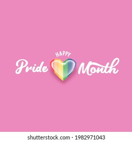 Happy pride month banner with heart and pride color flag isolated on pink  background. Vector Pride month or pride day poster, flyer, invitation party card design template.