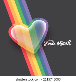 Happy pride month banner with heart and pride color flag isolated on black background. Vector Pride month or pride day poster, flyer, invitation party card design template.