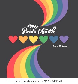 Happy pride month banner with heart and pride color flag isolated on black background. Vector Pride month or pride day poster, flyer, invitation party card design template.