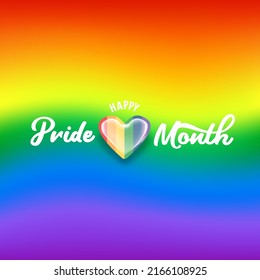 Happy pride month banner with heart and pride color flag isolated on gradient background. Vector Pride month or pride day poster, flyer, invitation party card design template.