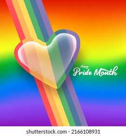Happy pride month banner with heart and pride color flag isolated on gradient background. Vector Pride month or pride day poster, flyer, invitation party card design template.