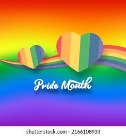 Happy pride month banner with heart and pride color flag isolated on gradient background. Vector Pride month or pride day poster, flyer, invitation party card design template.