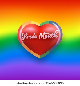 Happy pride month banner with heart and pride color flag isolated on gradient background. Vector Pride month or pride day poster, flyer, invitation party card design template.