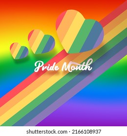 Happy pride month banner with heart and pride color flag isolated on gradient background. Vector Pride month or pride day poster, flyer, invitation party card design template.