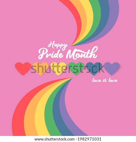 Happy pride month banner with heart and pride color flag isolated on pink  background. Vector Pride month or pride day poster, flyer, invitation party card design template.