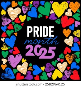 Happy pride month banner. Hearts in rainbow light painted on canvas. Rainbow colored background. Pride month 2025 banner with Rainbow with pride colors flag. Poster, background with colorful hearts.