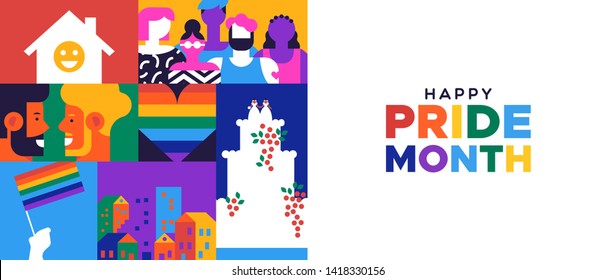 Happy Pride month banner for lgbt rights or social issues event in june. Colorful  mosaic illustration includes gay couple, diverse people group and more.