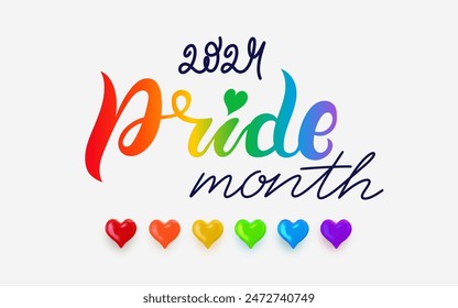 Happy pride month banner. Rainbow gradient color background. LGBTQ 2024 Pride. Vector illustration. Day love poster. Banner with typography and rainbow. Hearts retro colors. Pride month holiday.