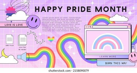 Happy Pride month banner as retro browser computer window, 90s vaporwave style with smile face hipster stickers. Retrowave pc desktop with lgbt rainbow. Concept of human equality