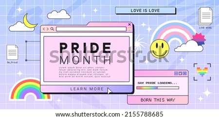Happy Pride month banner as retro browser computer window, 90s vaporwave style with smile face hipster stickers. Retrowave pc desktop with lgbt rainbow. Concept of human equality