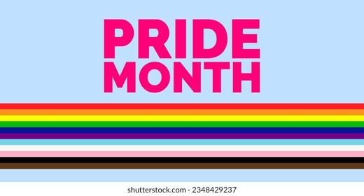 Happy Pride Month Banner. Pride Month text with LGBTQIA+ Flag Background