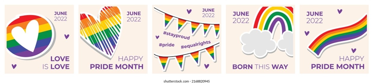 Happy pride month banners set. LGBT rainbow, heart, flaf,tags.