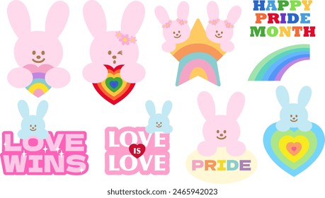 Happy Pride Month with Bunny and rainbow elements for logo, icon, sticker, tattoo, pet, vet, pet shop, decorations, shirt print, love sign, symbol, plush toy, dolls, cartoon, character, comic, mascot