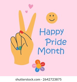 Happy Pride Month card. Hand showing peace gesture. Retro groovy print. Vintage cool vibes hand sign. Hand drawn flat design vector illustration.