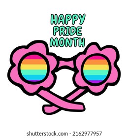 Happy pride month card with rainbow sunglasses vector illustration. Support LGBTQ community. Celebration love and freedom.