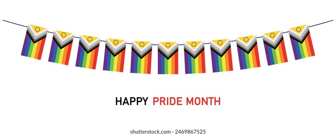 Happy Pride month card with updated LGBTQ Pride Flag pennants, vector illustration