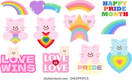 Happy Pride Month with Cat and rainbow elements for logo, icon, sticker, tattoo, pet, vet, pet shop, decorations, shirt print, love sign, symbol, plush toy, dolls, cartoon, character, comic, mascot