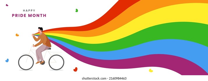 Happy Pride Month Celebration Banner Design With Cartoon Man Riding Bicycle And Holded Rainbow Flag On White Background.