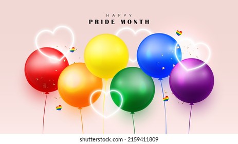 Feliz mes del orgullo con globos coloridos en objetos festivos rojos, naranjas, amarillos, verdes, azules, morados y decorativos, luz de neón en el corazón. Mes del orgullo LGBT. Ilustración del vector